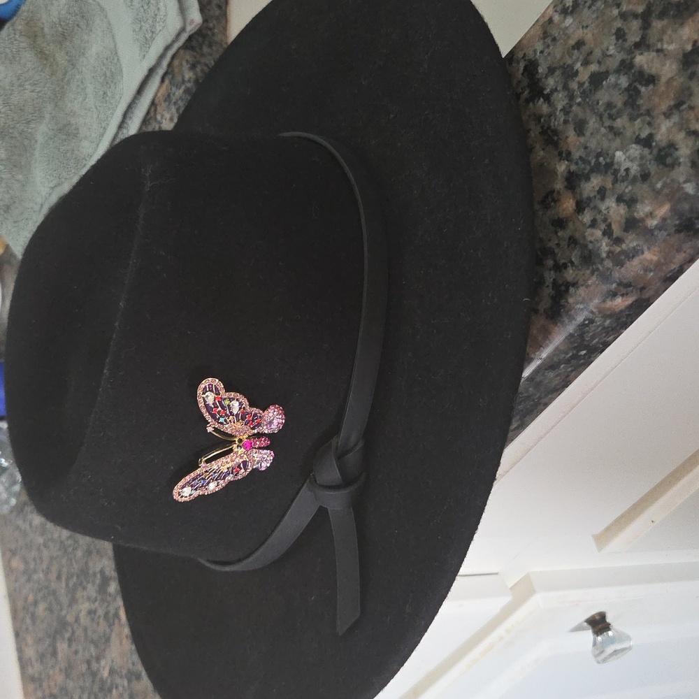 Boho Felt Hat with Leather Band & Butterfly Brooch